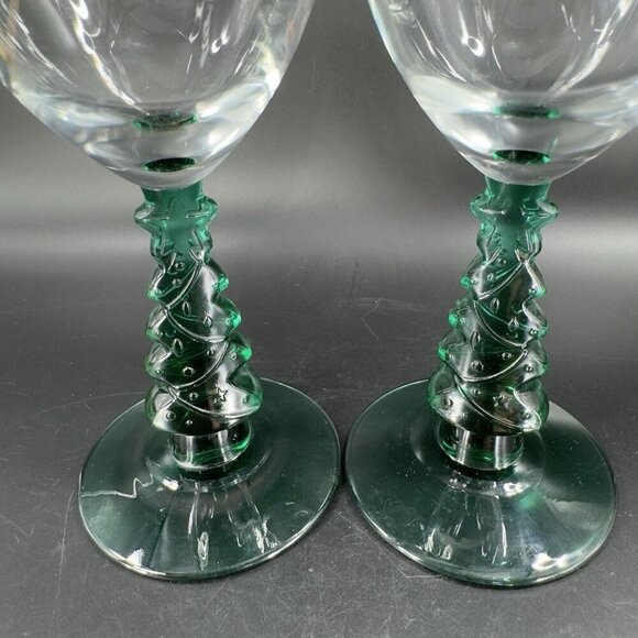 Libbey Green Christmas Tree Stem Water Goblet Wine Glass Crystal Cup Set Of 2 - Picture 5 of 15